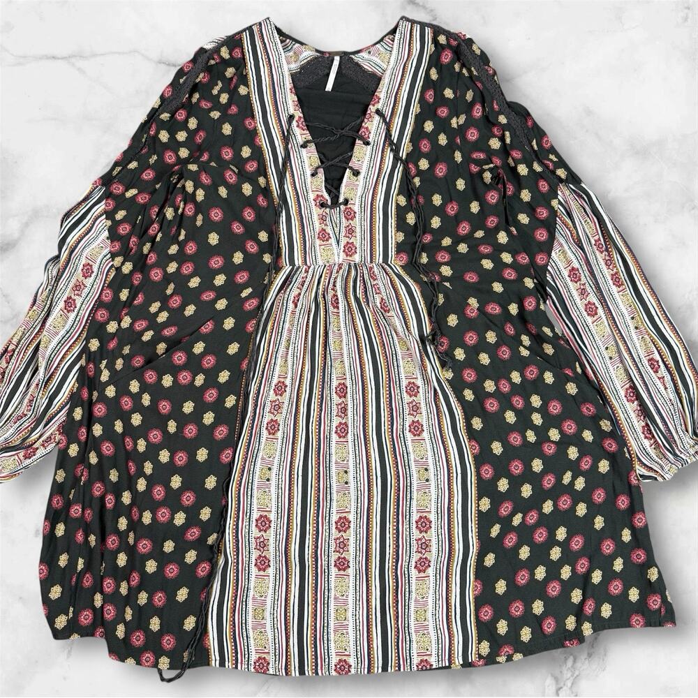 Free People Rain Or Shine Pebbled Chiffon XS Mini Dress Printed Black Red